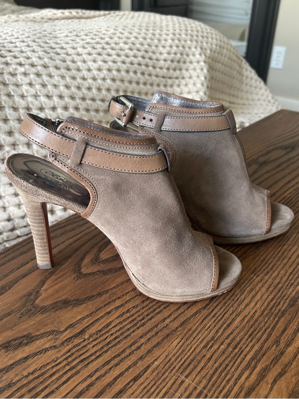 Coach Taupe Suede Peep-Toe Slingback Heels
